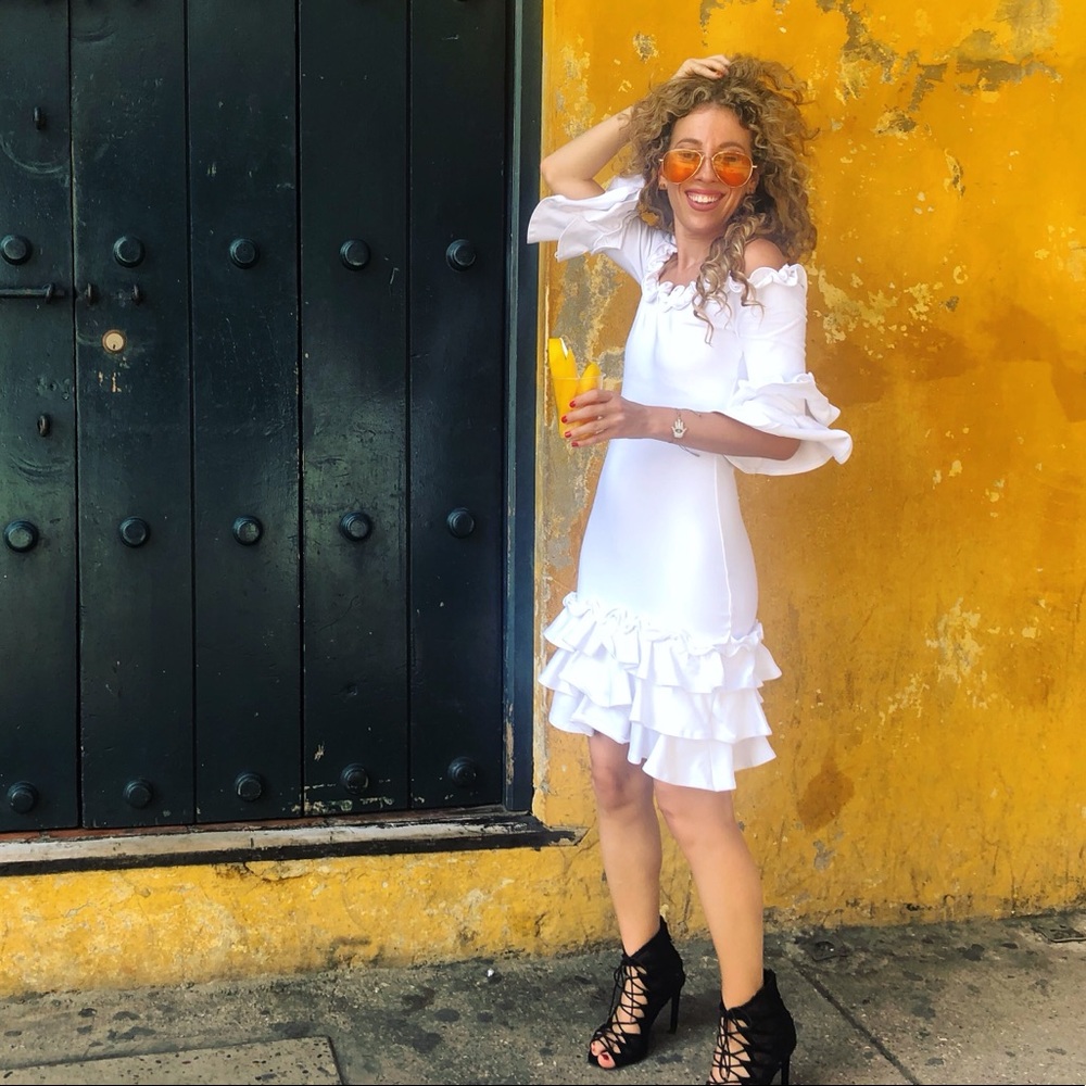 Donna Mizani White Ruffled XS Midi Dress